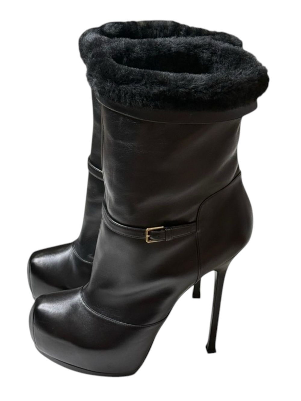 new Yves Saint Laurent ♔ Tribtoo 105 Platform Boots ♔ Black Leather Fur ♔ 11.5M - Picture 7 of 16